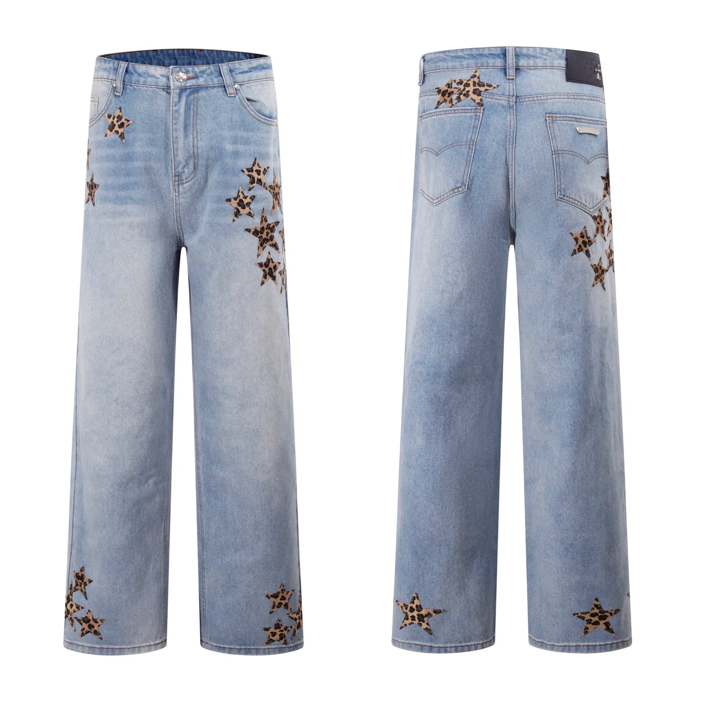 P250 Style number: H42 Croxin & 𝐂𝐡𝐫𝐨𝐦𝐞 𝐇𝐞𝐚𝐫𝐭 ss25 blue star leopard print leather denim workwear logging pants. Styles with different washed textures are very friendly to people with thin legs. The slightly flared version perfectly modifies the leg shape. The timeless and moderate length makes it easy to match and match. It is the basis for various styles and is a must-have in your wardrobe! The fabric is stiff but also makes the upper body soft without losing texture. The washing process is even more perfect. It is a must-have item for everyone! ! ! Washed wheat, hang tag, pants label, three labels complete Color: blue Size: 30-32-34-36